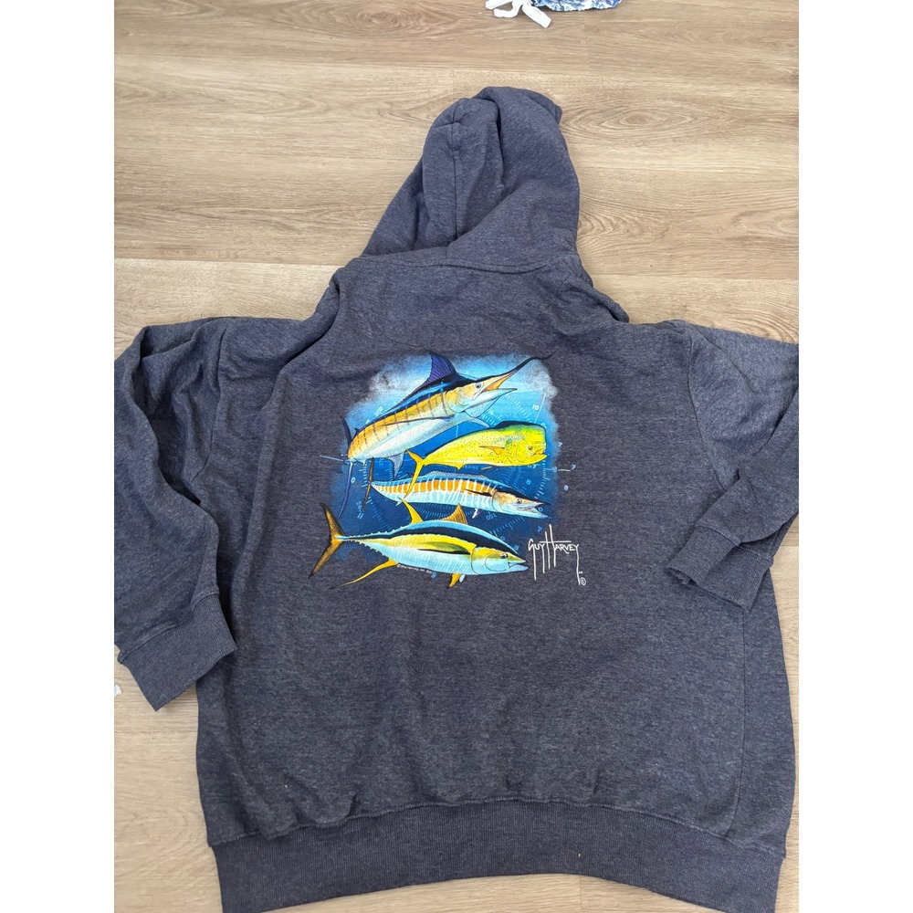 Guy Harvey Mens Blue Heather Fishing Hoodie Marlin Mahi Tuna Graphic Sweatshirt